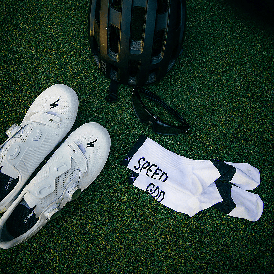 'Speed God' Athletic socks in white are perfect for cycling, running, and the gym.