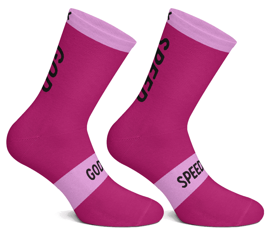A pair of vibrant pink 'Speed God' socks, showcasing comfort and style for active individuals.